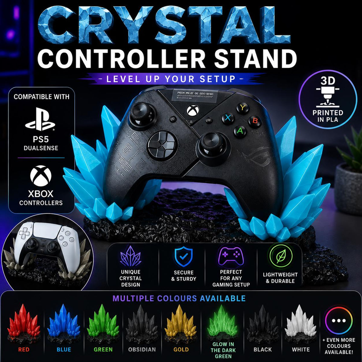 Crystal Gaming Controller Stand – PS5 & Xbox Controller Holder Dock | 3D Printed Desk Display (Multiple colours to choose from!)
