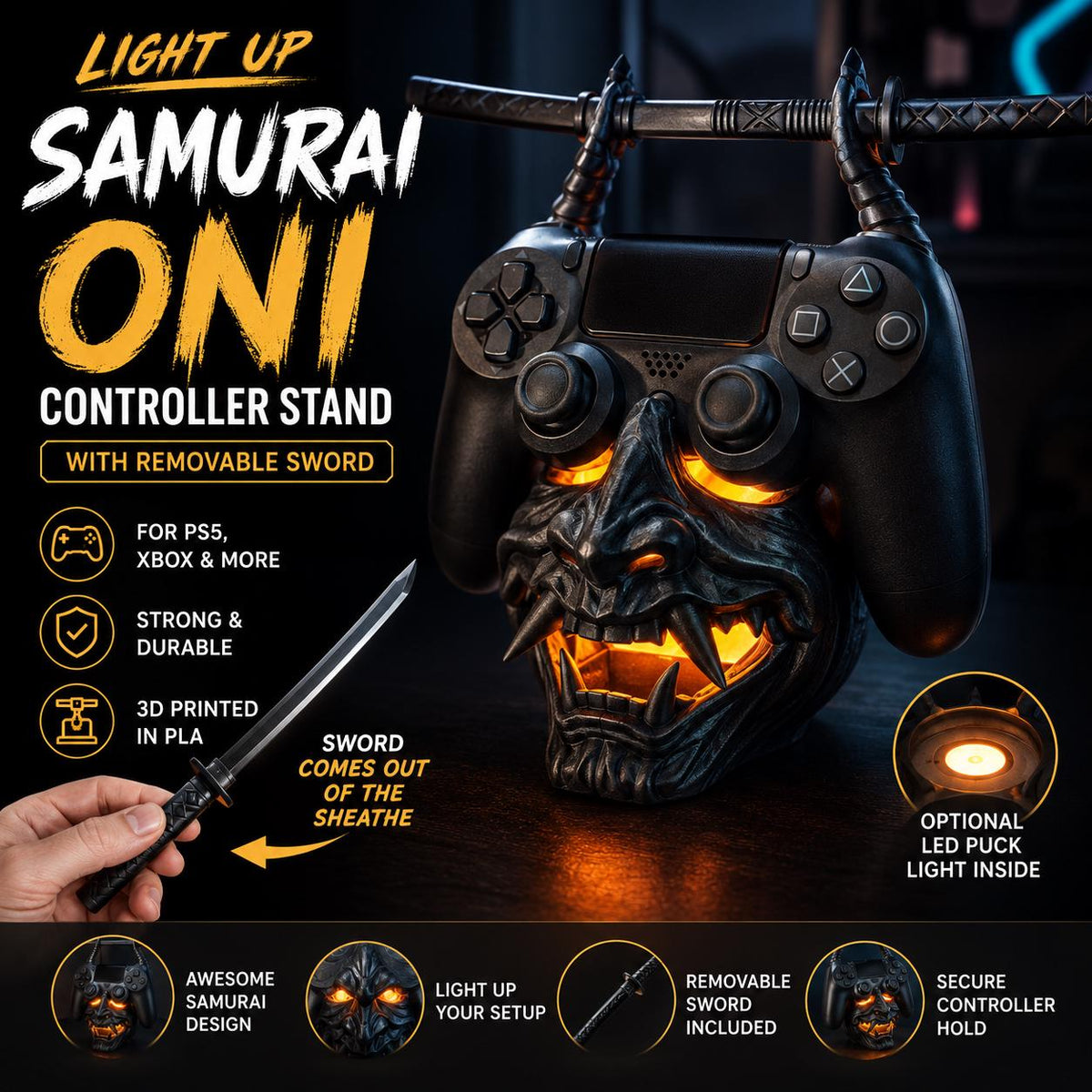 Light Up Samurai Oni Demon Mask Controller Stand | PS4, PS5, Xbox, Steam & Nintendo Controllers with Removable Sword