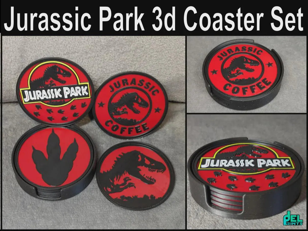 Jurassic Park Coaster Set & Holder - Set of 4 Dinosaur Coasters | Movie Gift