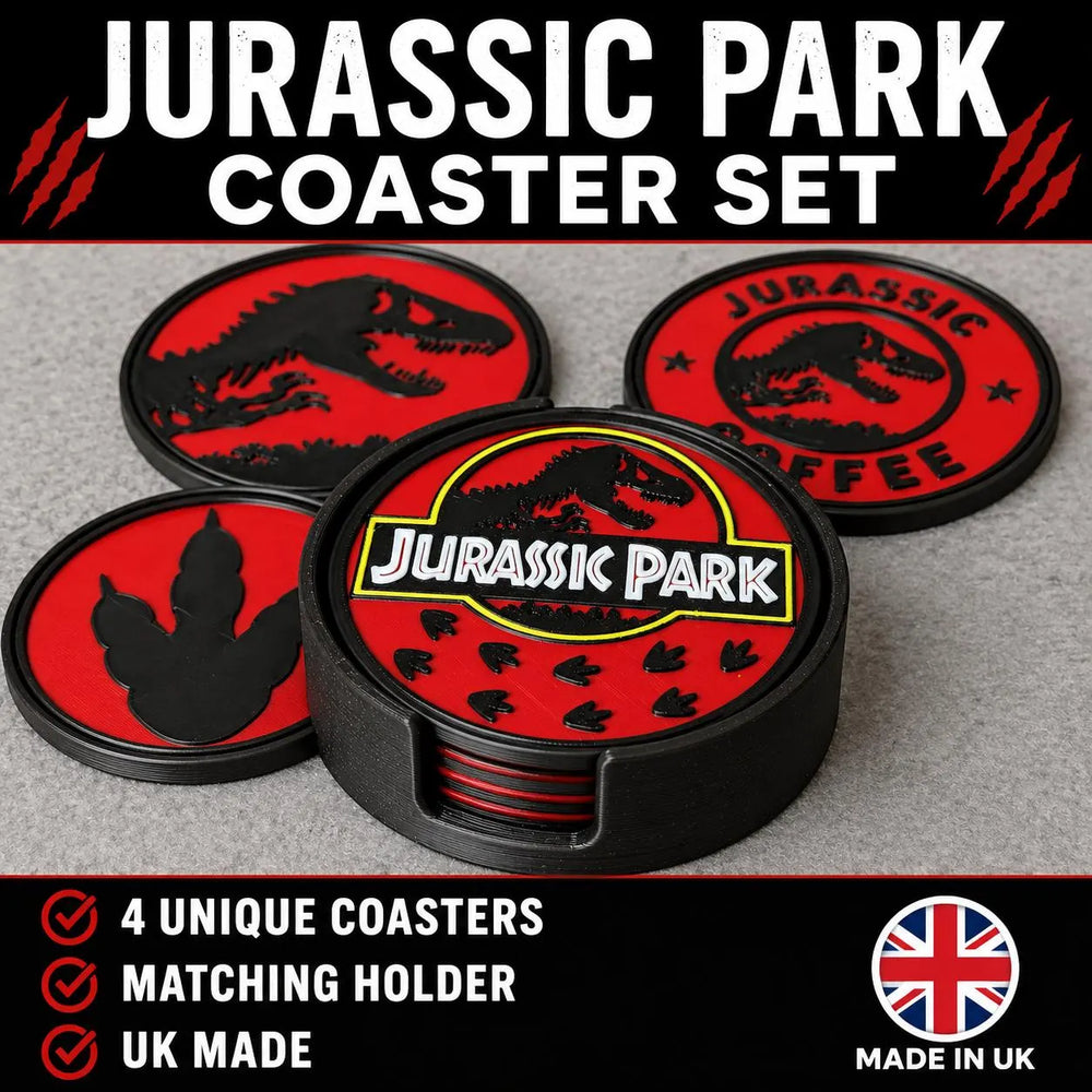 Jurassic Park Coaster Set & Holder - Set of 4 Dinosaur Coasters | Movie Gift