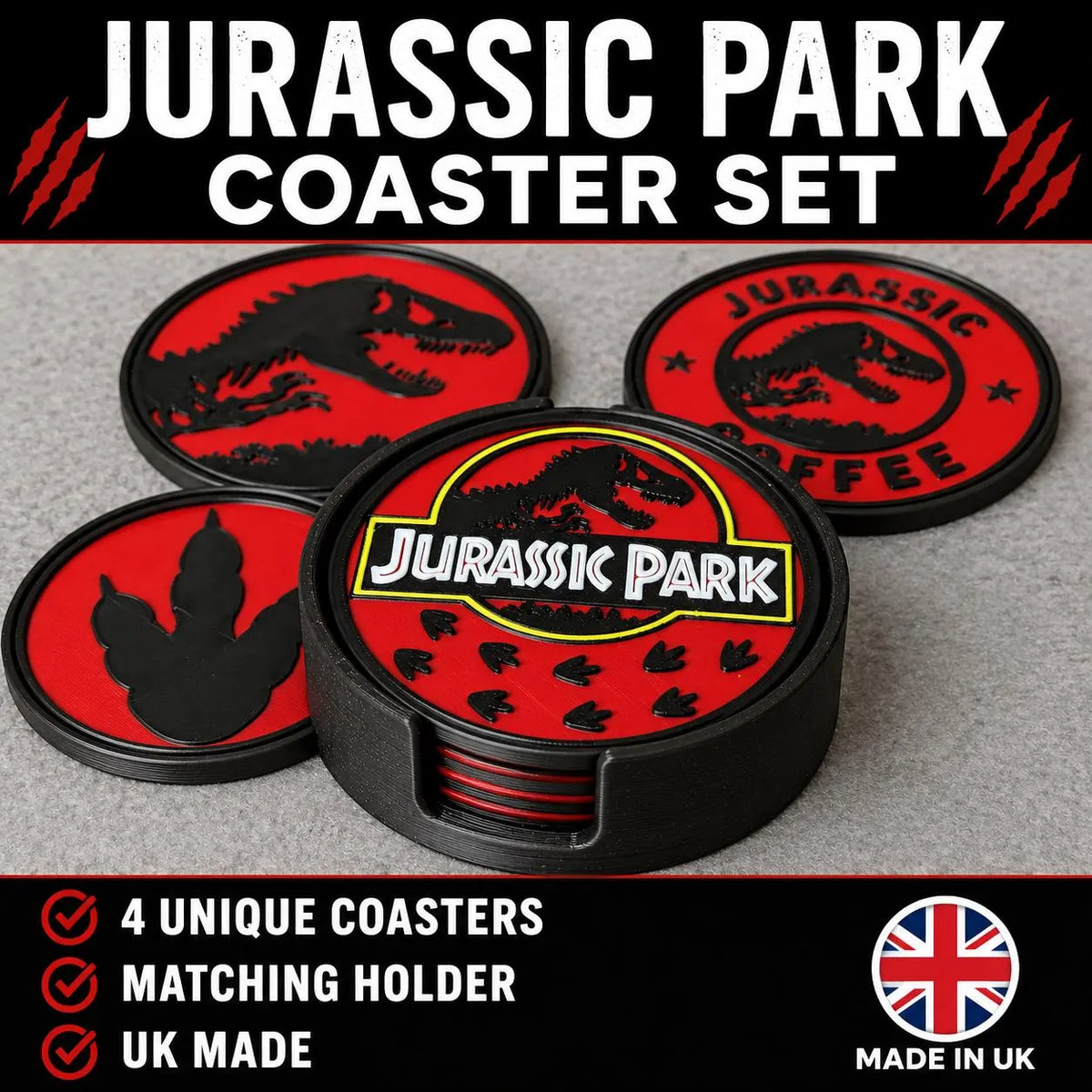 Jurassic Park Coaster Set & Holder - Set of 4 Dinosaur Coasters | Movie Gift