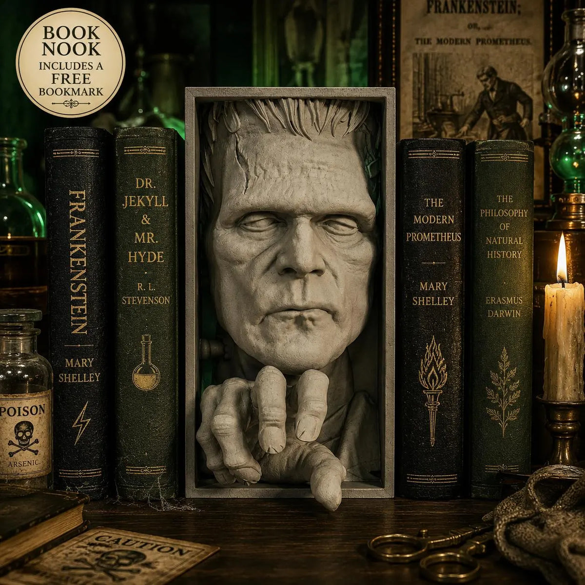 Frankenstein Book Nook & Wall Display - Gothic Horror Bookshelf Insert + FREE Bookmark