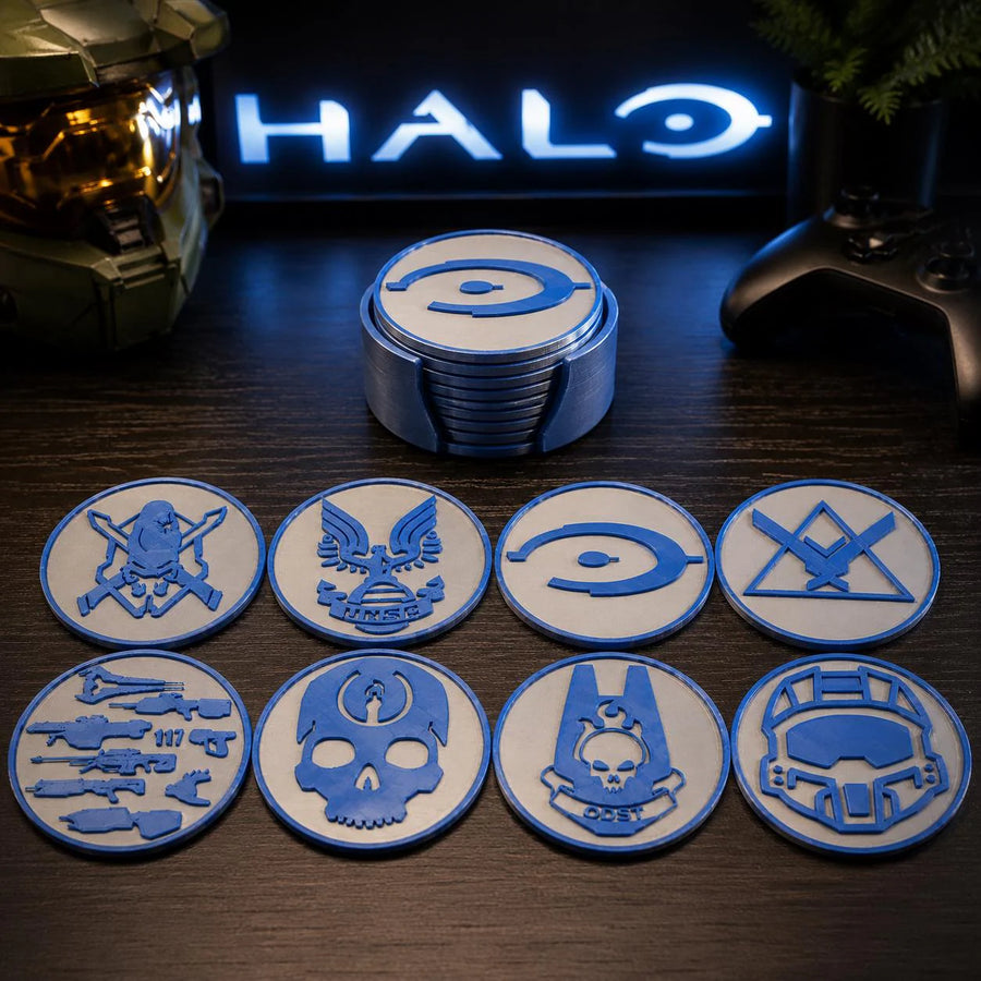 Halo Inspired Coaster Set with Holder | Gaming Desk Coasters - Set of 8