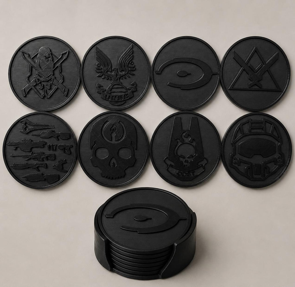 Halo Inspired Coaster Set with Holder | Gaming Desk Coasters - Set of 8