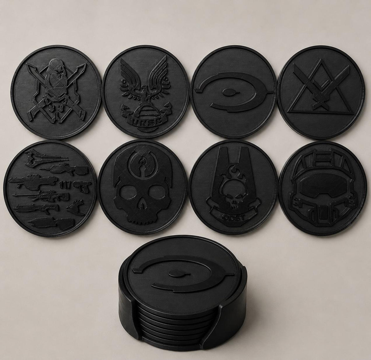 Halo Inspired Coaster Set with Holder | Gaming Desk Coasters - Set of 8