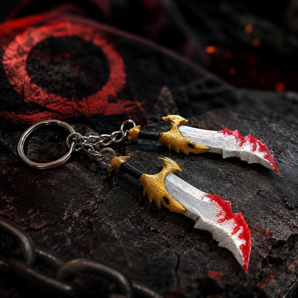 Double Chain Chaos Blades Keyring - Fantasy Warrior God Keychain | 3D Printed Gaming Accessory